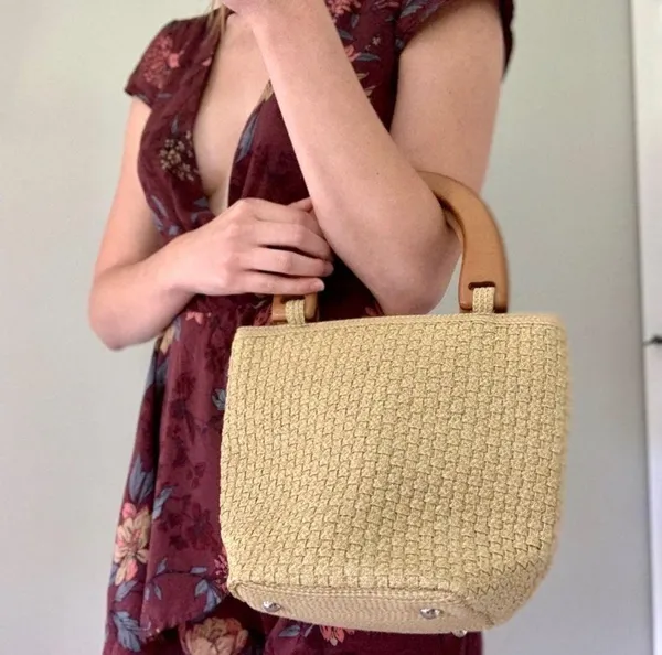 Talbots Woven Bucket Purse w/ Wooden Handles - Image 2