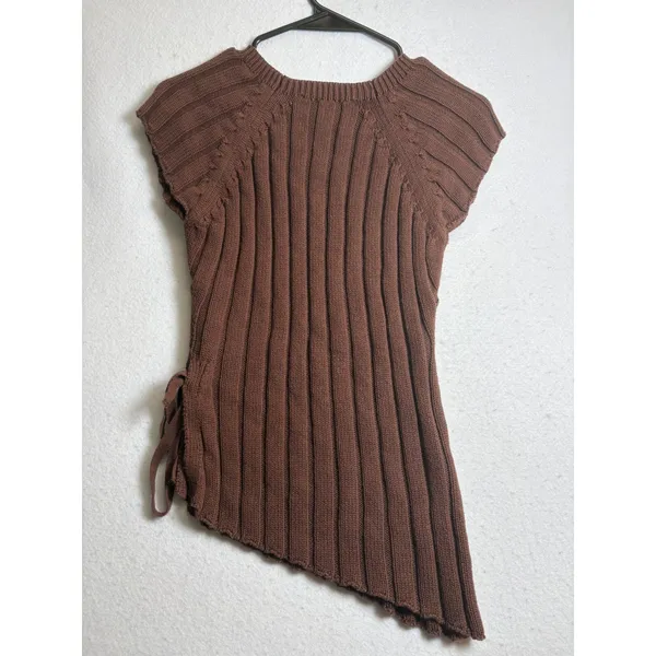 Zara Womens Brown Ribbed Asymmetrical Side Tie Short Sleeve Knit Top Small - Image 3