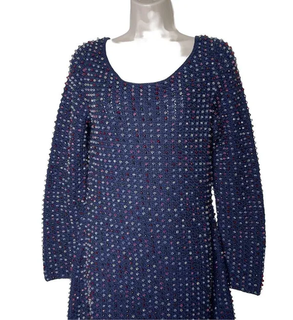 NWT DOEN Solandis Navy Beaded Crochet Long Sleeve Knit Mini Bodycon Dress sz M - Image 5
