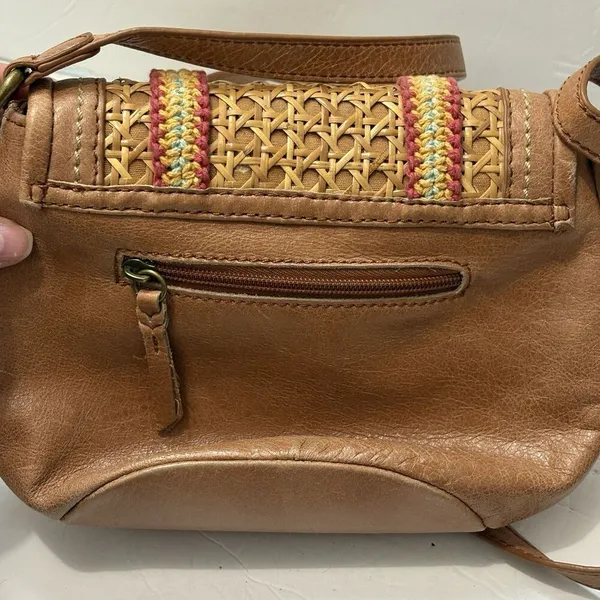 THE SAK Leather Crossbody Bag Pockets Tan Brown Adjustable Cane Ribbon Detail - Image 3