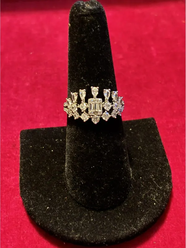 Silver Tone Baguette and Pear Cut CZ Marquise Tiara Statement Ring - Image 2