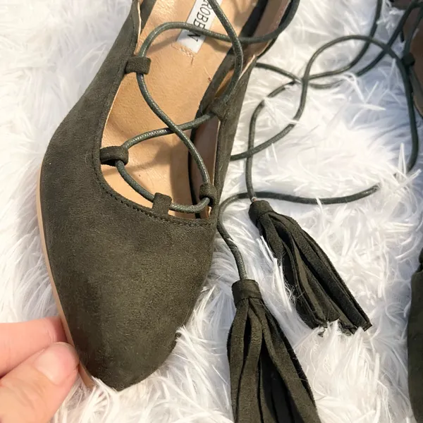 Olive Green Lace-Up ballerina Block pointed Heels - Image 4