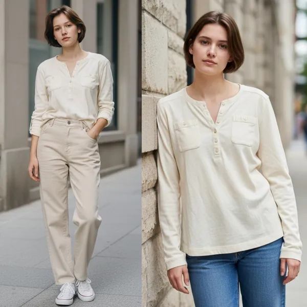 Lauren Ralph‎ Lauren Henley Top Women M Cream Roll Tab Sleeve Coastal Minimalist - Image 2
