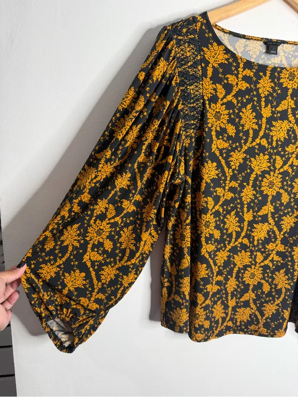 Ann Taylor Black Mustard Floral Puff Sleeve Blouse Large Workwear Office Career - Image 8