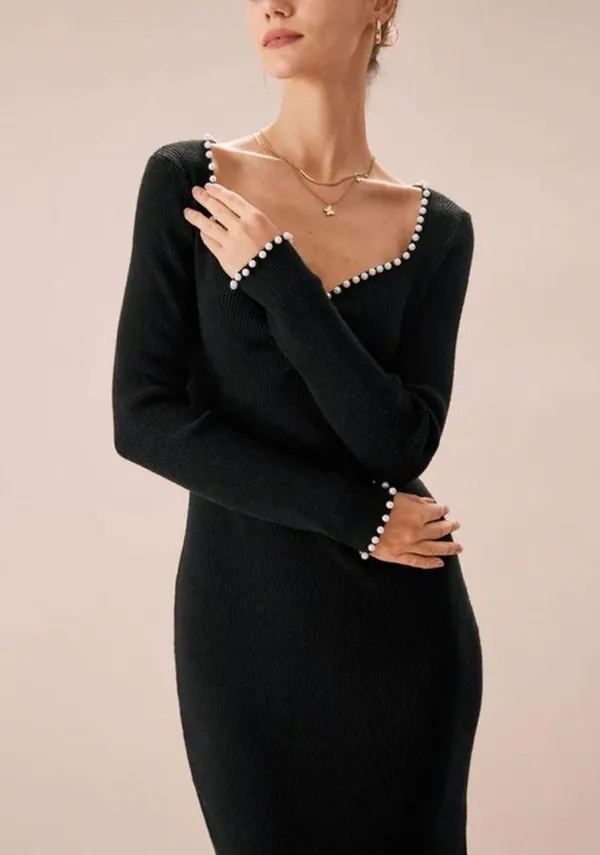 Rihoas Black Pearl Trim Bodycon Knit Midi Dress, Size M, NWT - Image 3