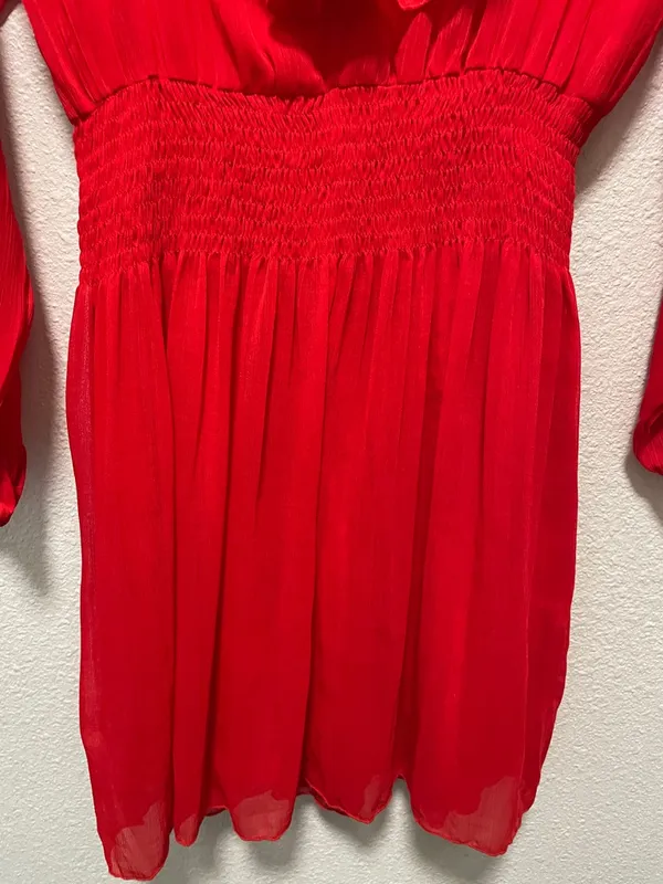 Zara Bright Red Ruffle V-Neck Long Sleeve Dress - Image 6