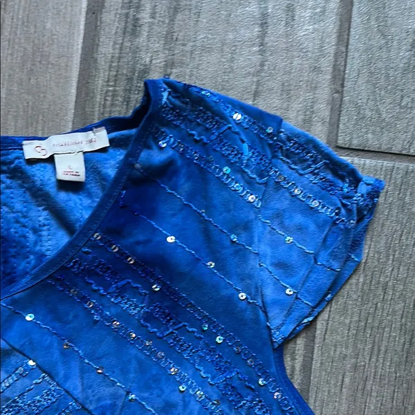 Blue Sequin Fitted Cap Sleeve Top Size L - Image 3