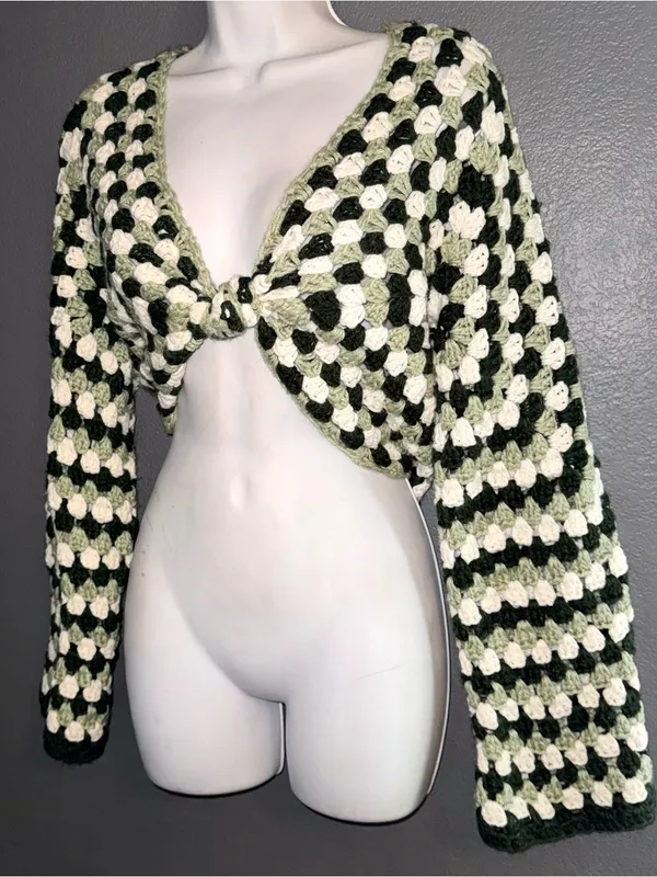 Handmade Crochet Granny Square Cardigan Tie Front Green Crop Top Small Medium - Image 2
