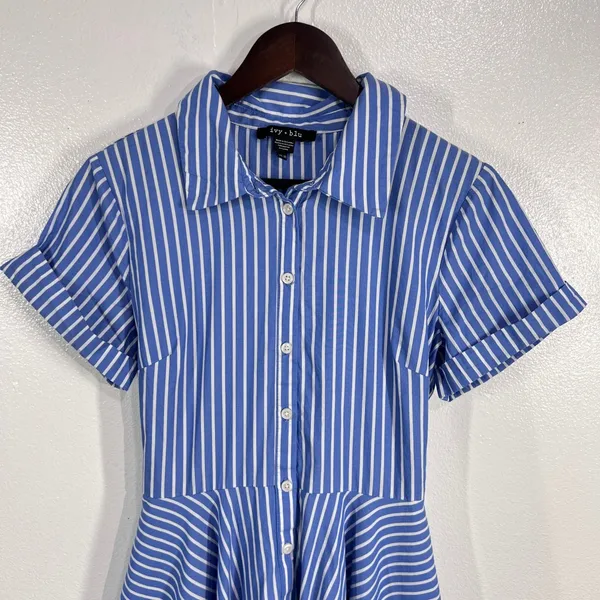 Ivy + Blu Striped‎ Shirt Dress Fit & Flare handkerchief hem Cotton Blue White 10 - Image 8