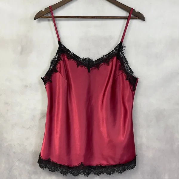 Satin Lace Trim Cami Tank‎ Top Women Large Red Black Coquette Romantic Goth Y2K - Image 11