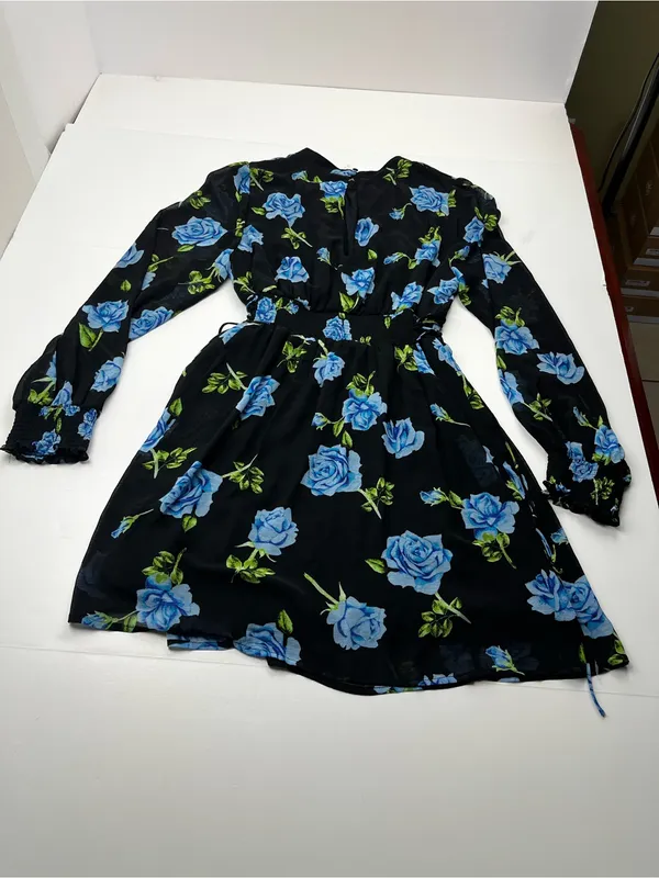 Free People Samantha Lace Up Mini Dress Black Floral Blue Combo Womens Large - Image 13