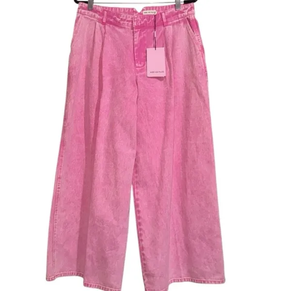 AVEC LES FILLES High Waist Wide Leg Jeans Bubble Gum Pink pleated SZ-30 - Image 3