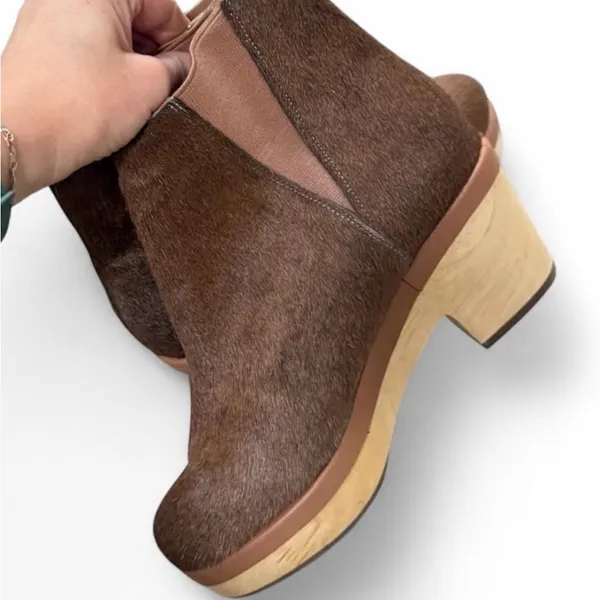 New Anthropologie The Odells Calf Hair clogs Brown Wooden platform heel clog - Image 2