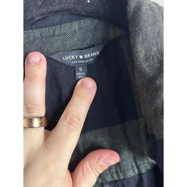 Lucky Brand Buffalo Plaid Button Down Womens Small‎ Olive Green Black Flannel - Image 3