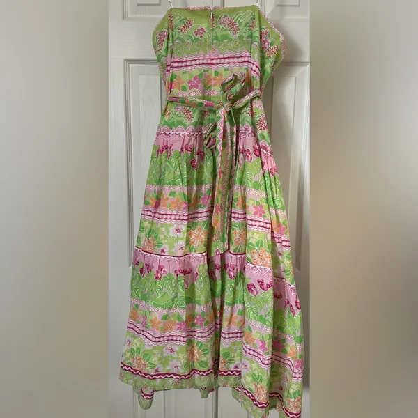 Lilly Pulitzer Strapless Floral monkey Cotton Midi Dress Pink Green Size 6 - Image 2