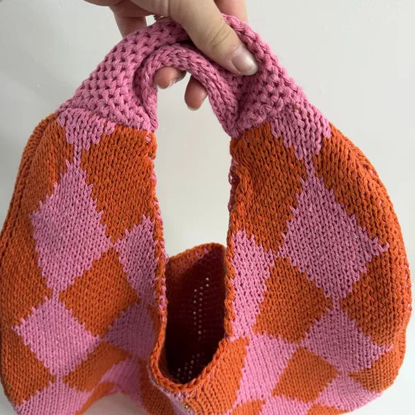 Kopari Knitted Argyle Shoulder Bag pink orange woven slouchy hobo handbag purse - Image 5