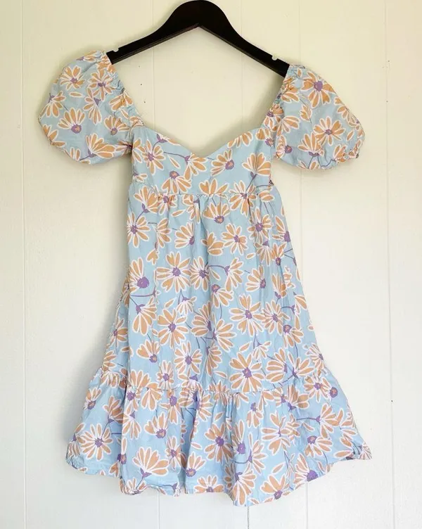 RSQ Blue Orange Daisy Floral Puff Sleeve Babydoll Dress XXS - Image 2