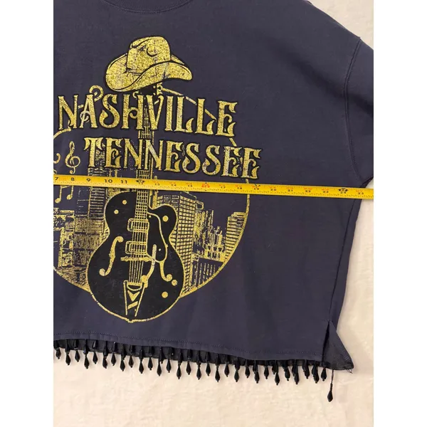 Goodie Two Sleeves Nashville Tennessee Beaded Fringe Cropped Sweatshirt Navy‎ XL - Image 3