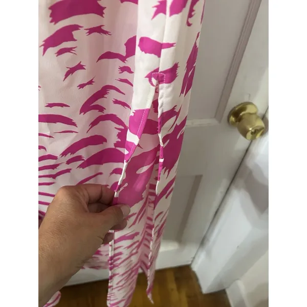 One Shoulder Pink Feather Print Slip Dress Side Slit Beach Summer Casual Medium - Image 5