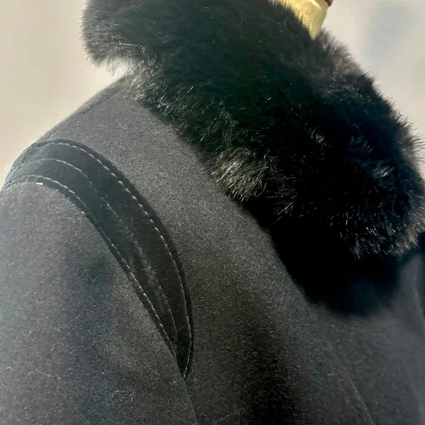 Faux Fur Collar Black Trench Coat Coquette Dark Academia Old Money Wool Blend XL - Image 9