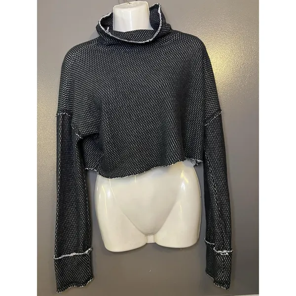 Out From Under Sweater Womens Medium Black Open Knit Turtleneck Cropped Pullover - Image 3