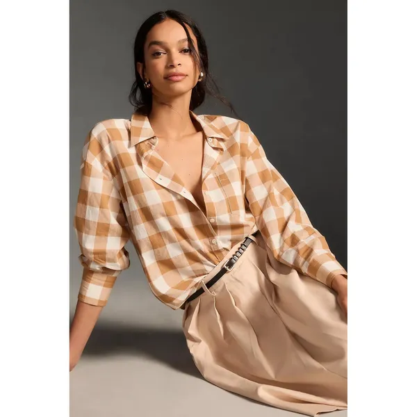 Anthropologie MAEVE Bennet Buttondown Buffalo Check Shirt Brown White Small - Image 4
