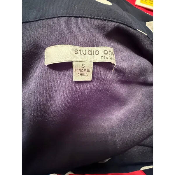 Studio One‎ Navy Polka Dot Midi Dress Tie Waist Button Front S Parisian Coquette - Image 5