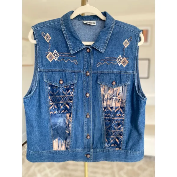 Saint Germain Embroidered Denim Vest Boho Western Artisan Vintage Ranch Festival - Image 2