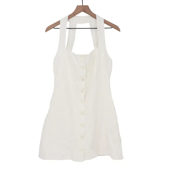 Showpo Ricki Mini Dress White Linen Blend Halter Neck Button Front Size 8 - Image 2