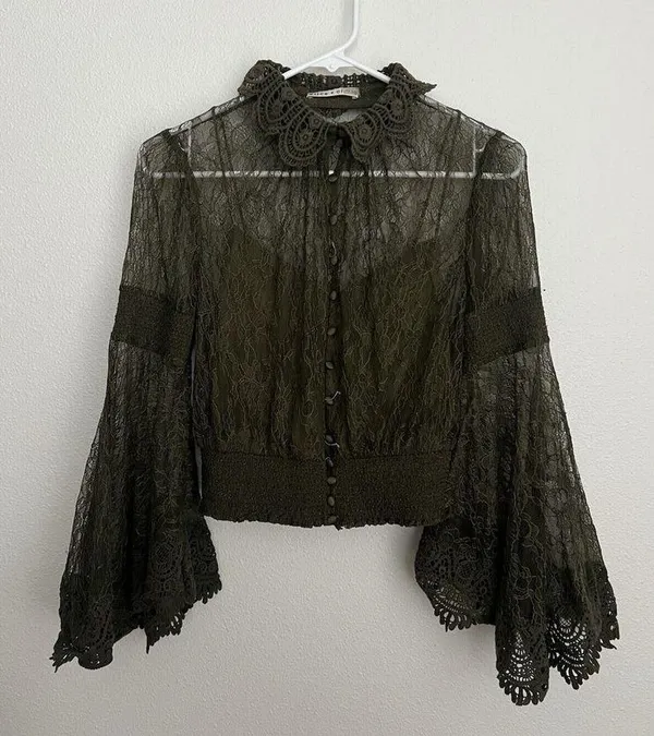 Alice + Olivia Moss Green Bell-Sleeve Crochet Collared Top Boho Fairy Grunge Witchy Ethereal - Image 3