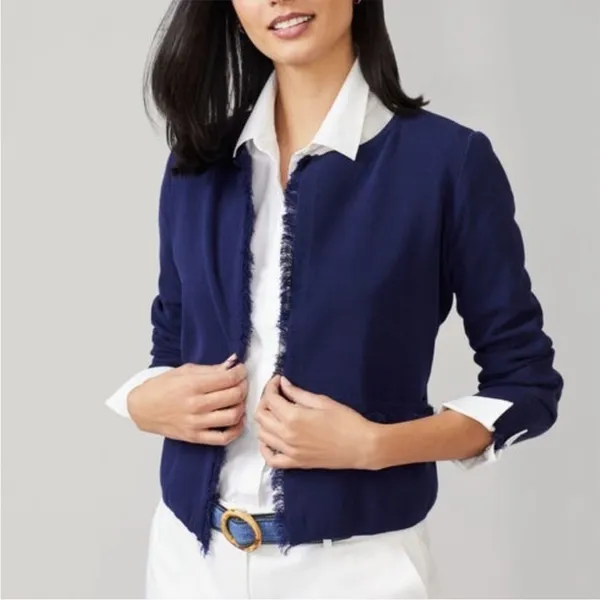 J. McLaughlin Marie Navy Blue Fringe Open Front Cardigan Sweater Pockets XL - Image 2