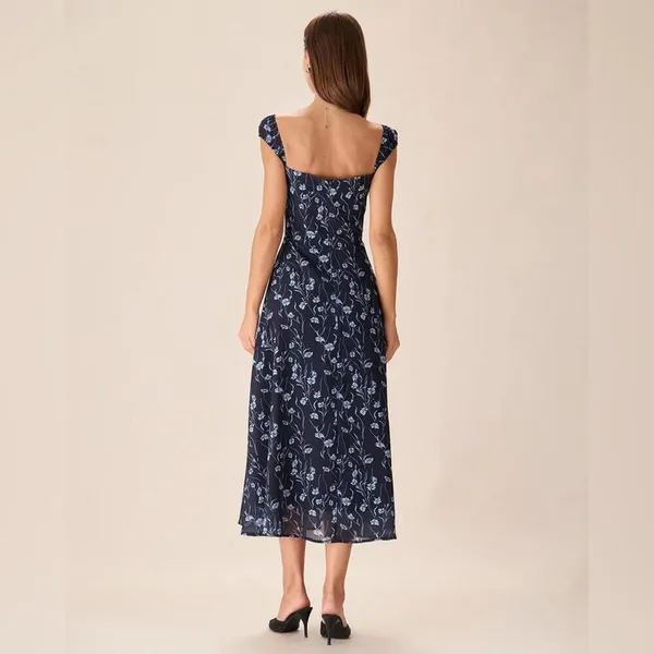 RIHOAS Navy Floral Sweetheart Neck Midi Dress - Image 3