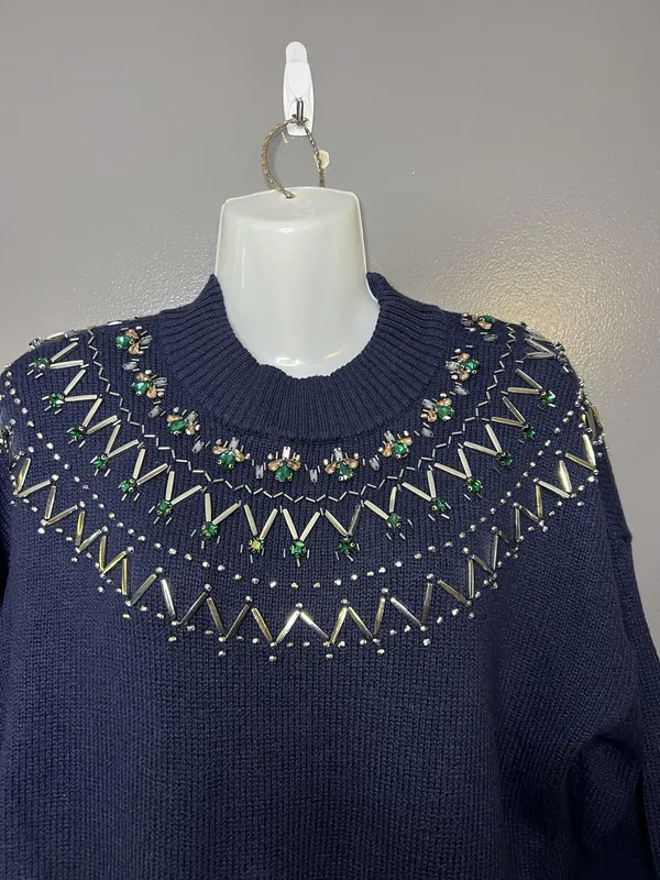 Talbots Sweater Womens Large Blue Mock Neck Beaded Jewel Yoke Knit Pullover - Image 3