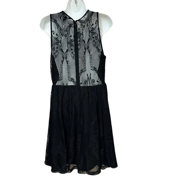 Express Black Floral Lace Sleeveless Fit and Flare Dress Sheer Yoke Large LBD - Image 2