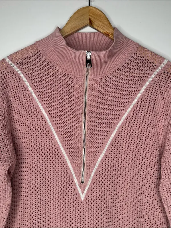 Varley Calva Knit Half-Zip Cotton Sweater Pink Size Small - Image 3