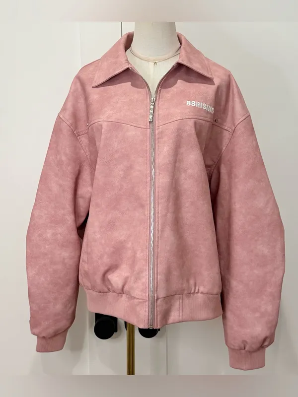 88Rising Pink Faux Leather Bomber Jacket Large Kpop Grunge Y2K Streetwear Edgy - Image 2