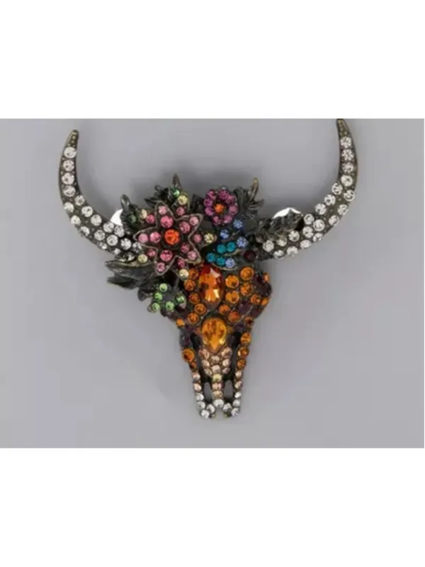 NEW Longhorn Skull Floral Rhinestone Brooch Western Statement Bag Charm Pin NWT - Image 3