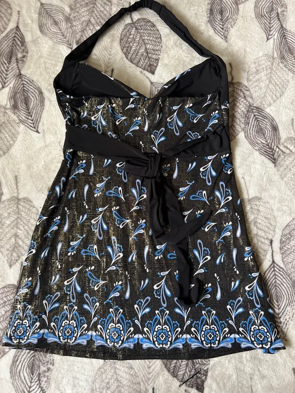 Y2k vintage blusón Black Halter Neck Print Dress with Blue Accents - Image 6