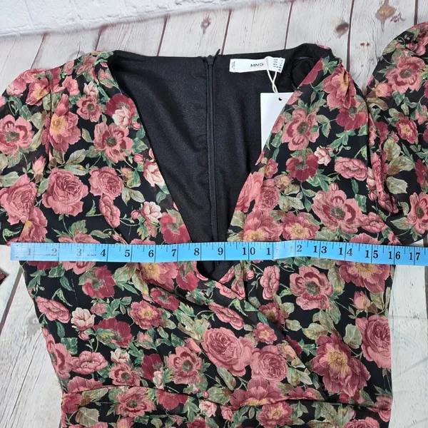 MNG Mango Women's Floral Long Sleeve‎ Mini Dress Ruched Bodycon V Neck - Image 10