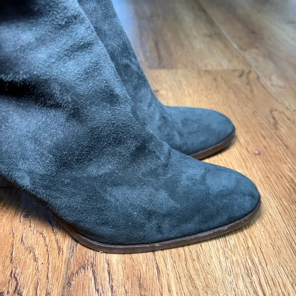 Theory Black Suede Ankle Boots Brown Buckle Stacked Heel Made in Italy Size 7.5 - Image 10