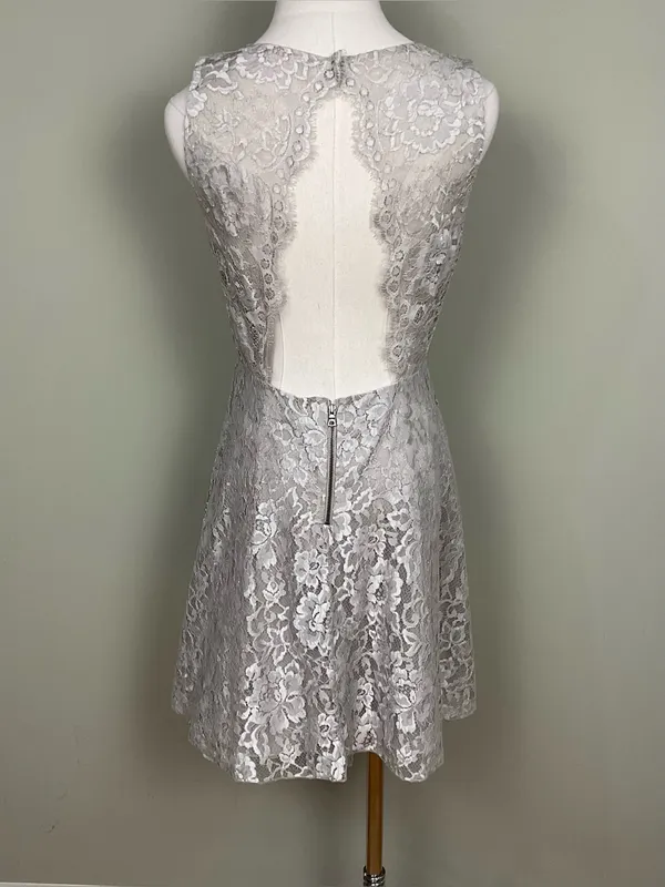 Alice + Olivia Metallic Natalia Open Back Lace Mini Dress Taupe Silver Sz 10 - Image 7