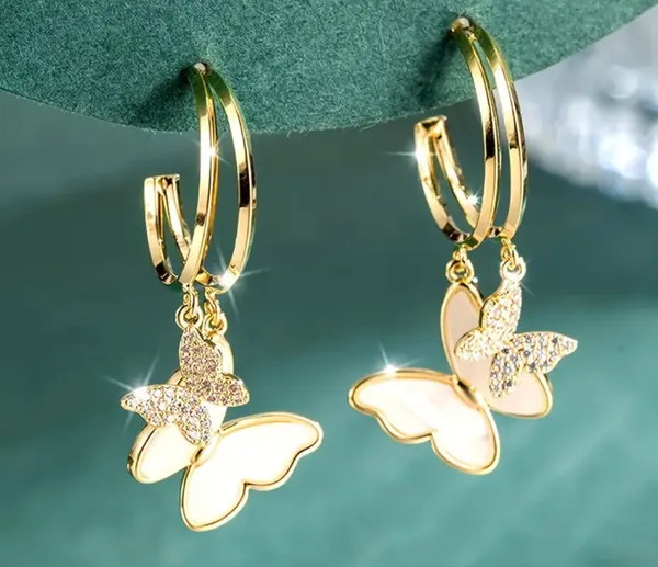 18K Gold Butterfly Pendant Hoop Earrings - Image 10