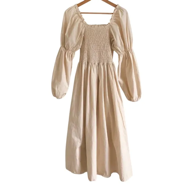 Monbebe Mom Daisy Beige Cotton Midi Dress Womens XS Cottage Core Prairie Minimal - Image 2