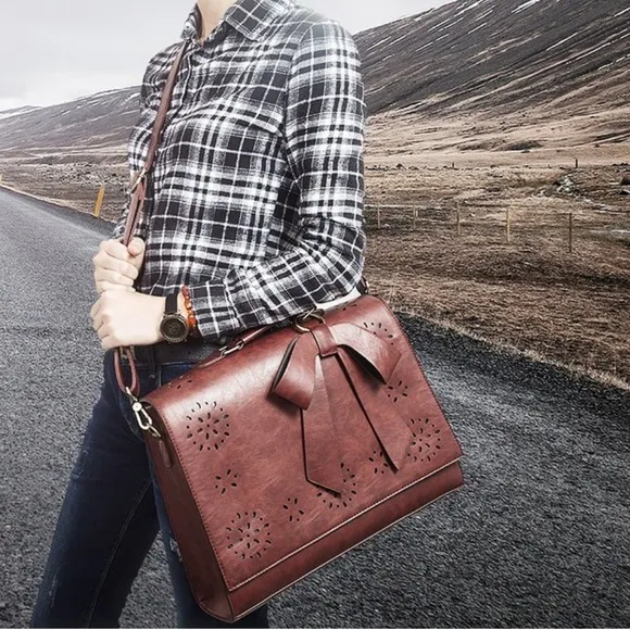 Ecosusi Leather Laptop Messenger Bag Briefcase Satchel Work Brown Bow - Image 2