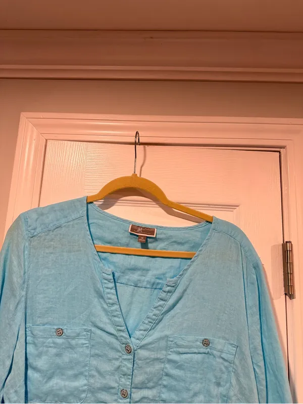 JM Collection Size 14 Aqua Blue Linen Button Down Collarless Beachy Tunic Top - Image 2