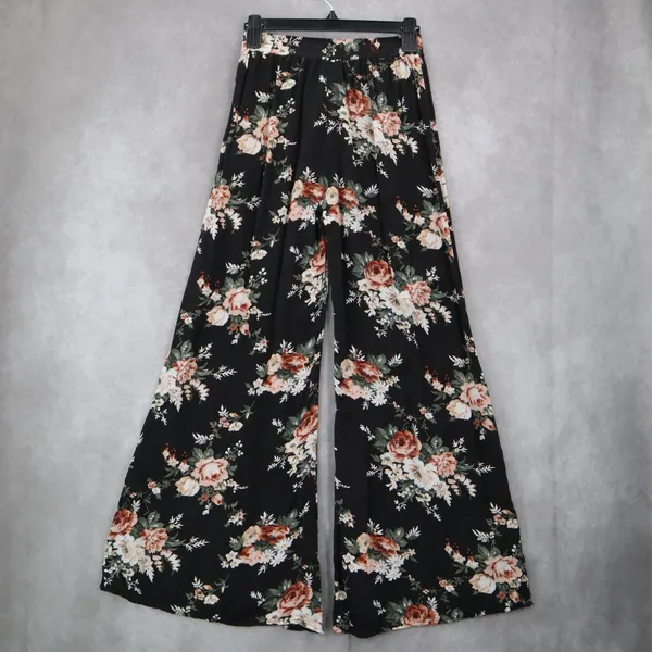 Copper Key Black Floral Wide Leg Pants Boho Palazzo High Waist Lounge VTG‎ Small - Image 3