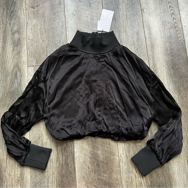 NWT Zara Black Satin Effect Long Sleeve Mock Neck Top Size XS Zipper Turtleneck - Image 11