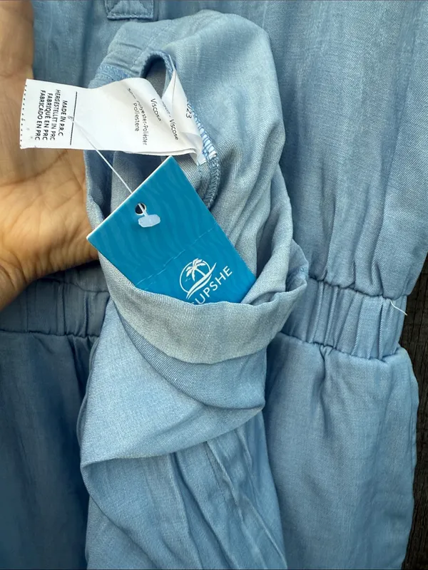 Cupshe Woman’s Lg Light Blue Sleeveless Elastic Waistband Chambray Jumpsuit - Image 7