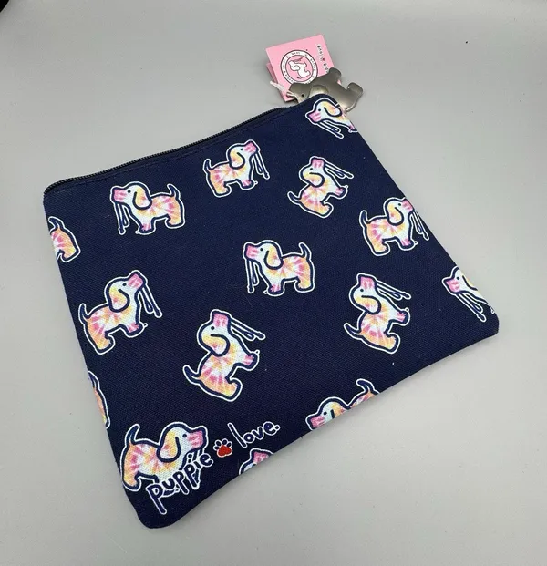 Puppie Love Zipper Pouch Navy with Tie Dye Dogs Makeup Travel Purse Insert Bag - Image 6