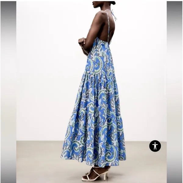 Zara Paisley Ikat Halter Midi Dress Womens XS Blue Boho Tiered‎ Cotton Summer - Image 3